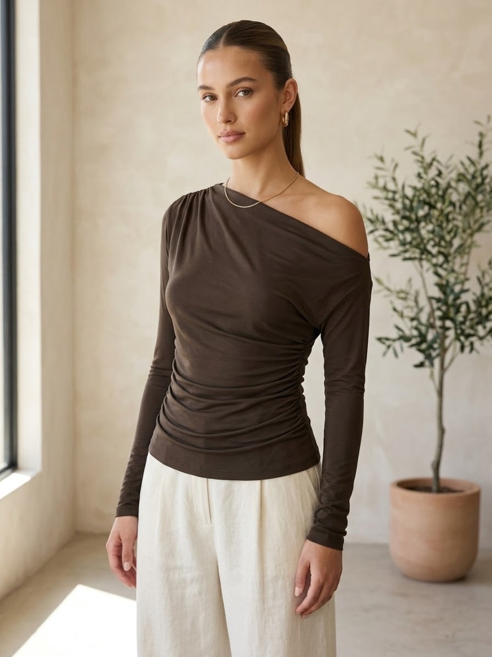 Off-Shoulder Ruched Long Sleeve Top - Brown